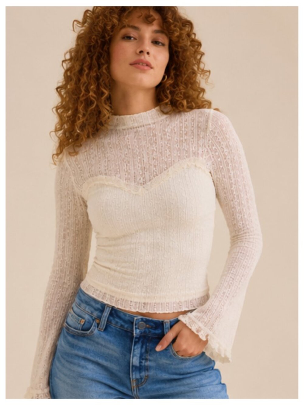 NWT Altar'd State Cream Floral Lace Long Sleeve Top - Size XS